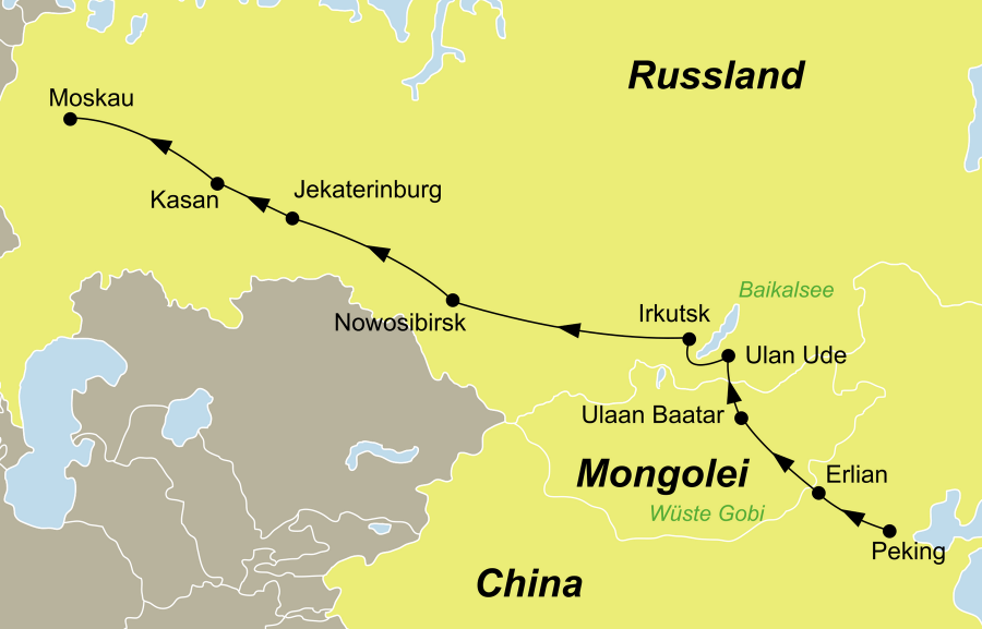 Der Reiseverlauf zu unserer Transsib Zarengoldreise startet in Moskau und endet in Peking