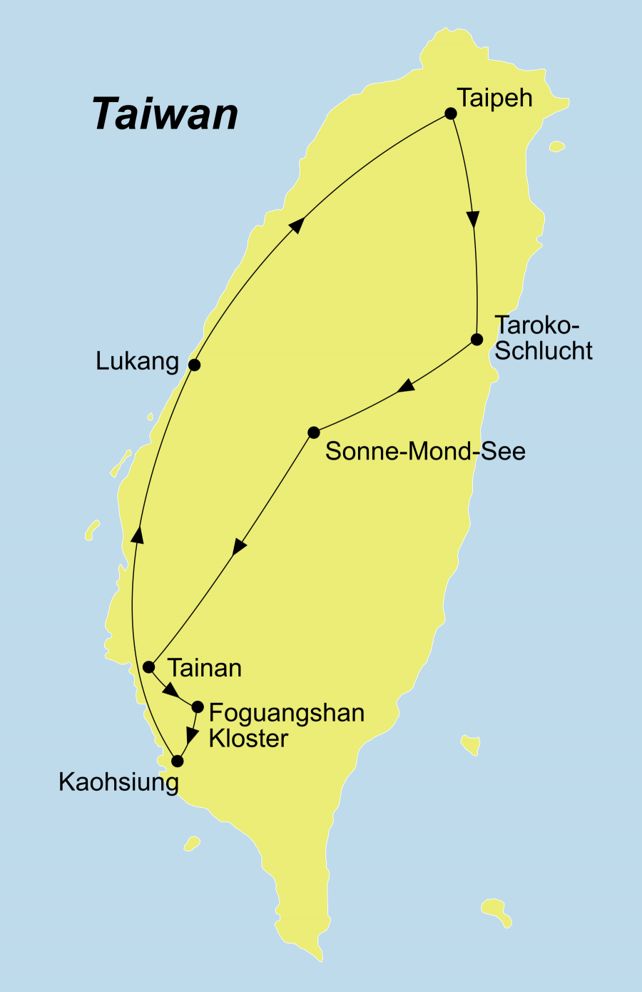 Der Reiseverlauf zu unserer Taiwan Rundreise führt von Taiphe über Sonne-Mond-See über Lukang.