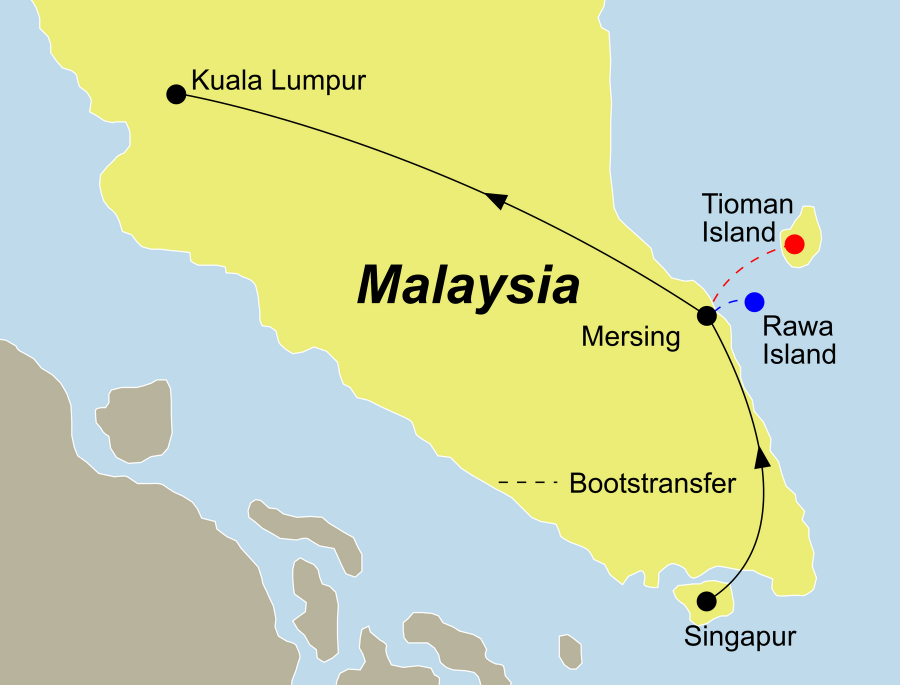 Die Reise Asien pur führ von Singapur über die Trauminsel Tioman oder Rawa bis nach Kuala Lumpur