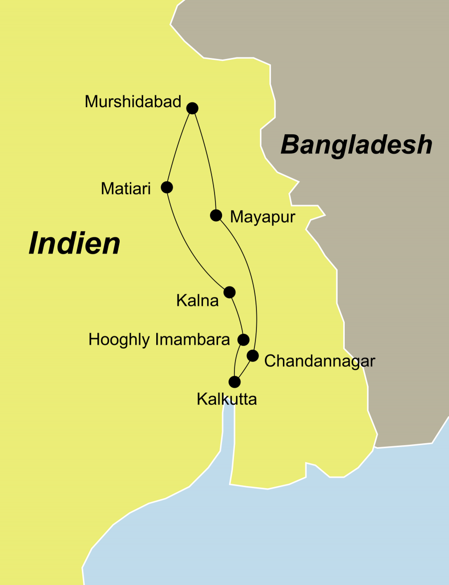 Der Reiseverlauf unserer Ganges Schiffsreise Indien Flusskreuzfahrt auf dem Ganges beginnt und endet in Kalkutta oder endet bei Verlängerung in Delhi.
