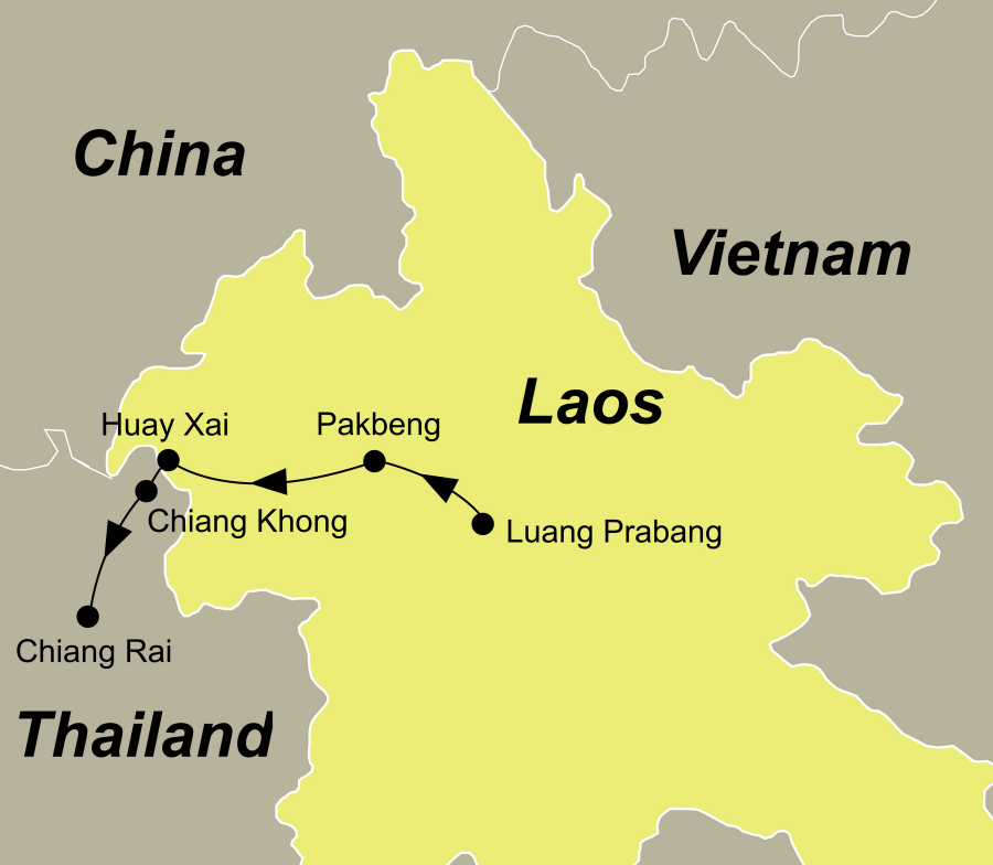 Die Thailand Laos Mekong Cruise führt von Chiang Rai über Chiang Khong, Huay Xai und Pakbeng nach Luang Prabang.