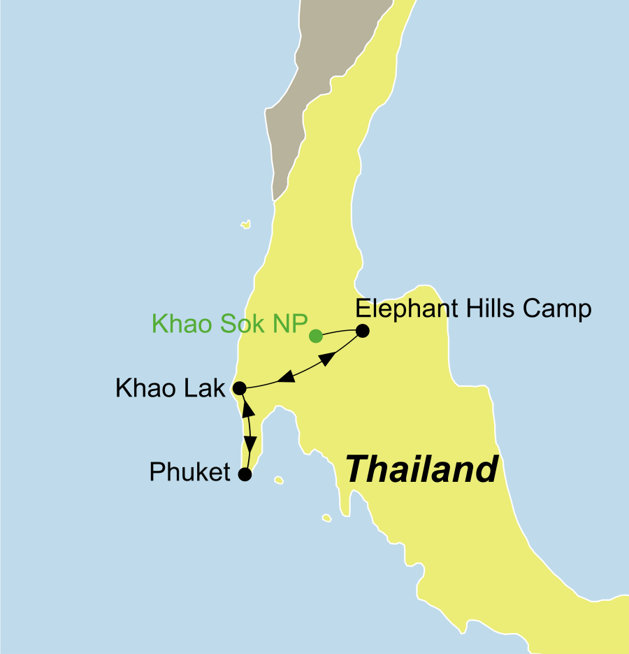 Der Reiseverlauf zu unserer Thailand Reise Dschungelerlebnis Khao Sok startet in Phuket und endet in Khaolak.