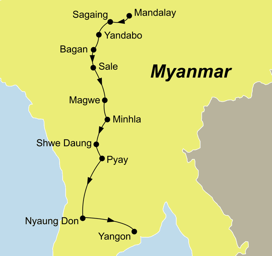 Die Myanmar Flusskreuzfahrt führt von Mandalay auf dem Ayeyarwady nach Yangon