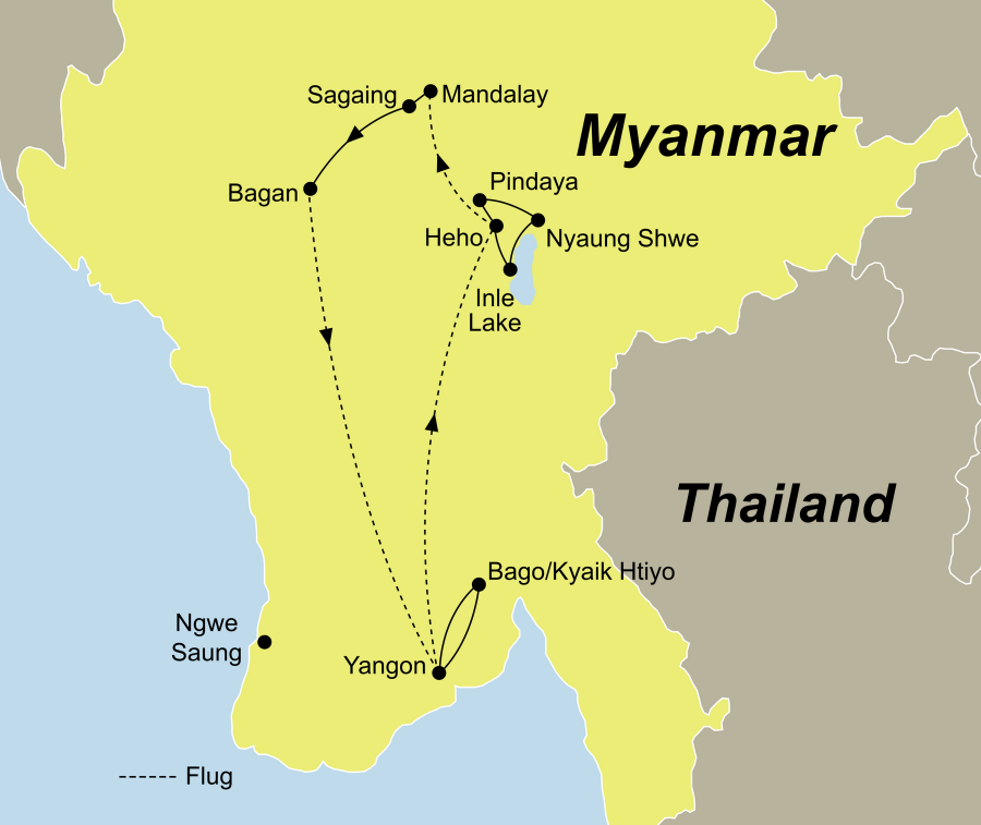 Die Faszination Myanmar Rundreise führt von Yangon über Bago und Bagan nach Yangon