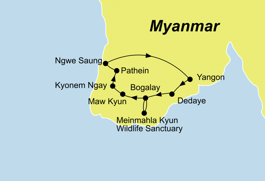 Die Ayeyarwaddy Delta-Rundreise mit Baden Ngwe Saung Beach führt von Yangon über Bogalay nach Yangon