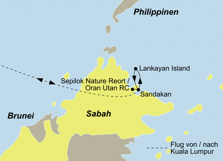 Die Borneo Reise Orang Utans und Tauchen Reise führt von Sandakan nach Lankayan Island