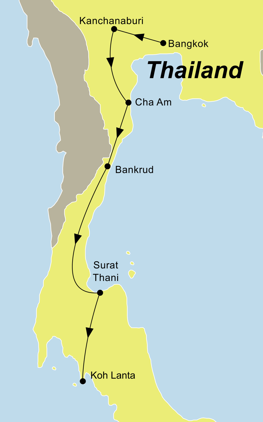Der Reiseverlauf zu unserer Thailand Reise führt von Bangkok über Kanchanaburi – Schwimmende Märkte – Petchaburi – Cha Am – Prachuapkirikan – Bang Saphan – Surat Thani nach Koh Lanta