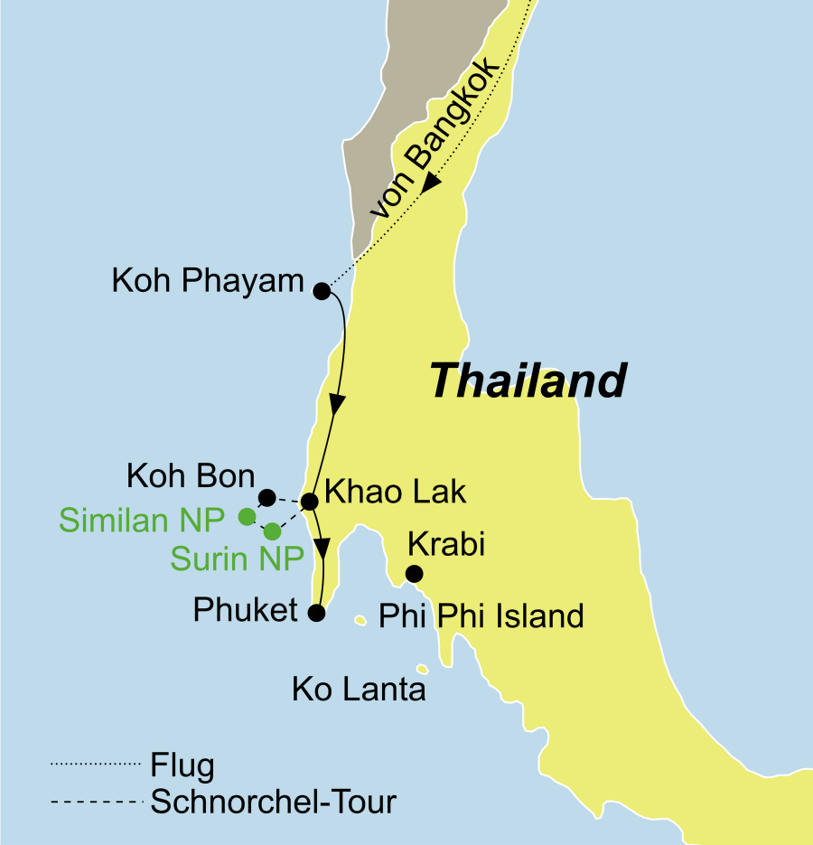 Der Reiseverlauf zu unserer Thailand Reise führt von Bangkok über Koh Phayam zu einer Schnorchel Kreuzfahrt Andamanen See (Khaolak – Similan Nationalpark – Surin Nationalpark)