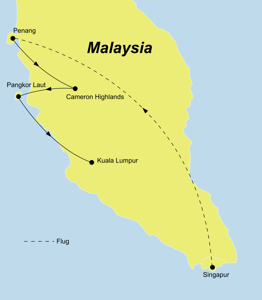 Der Reiseverlauf zu unserer Reise Singapur Malaysia Deluxe startet in Singapur und endet in Kuala Lumpur.