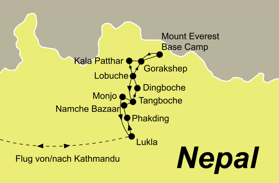 Die Nepal Trekkinig Rundreise führt von Kathmandu, Lukla, Phakding, Namche Bazaar, Tangboche, Dingboche, Lobuche, Ghorakshep, das Mount Everest Base Camp, den Kala Patthar Gipfel, Lobuche, Tangboche, Monjo und Lukla wieder zurück nach Kathmandu.