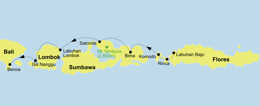 Die Indonesien Kreuzfahrt führt von Labuan Bajo (Flores) über Melo, Kelor Island, Rinca, Pink Beach, Komodo, Gili Lawa Darat, Banta, Vulkaninsel Satonda, Moyo, Lombok, Nusa Penida / Nusa und Lembongan / Amuk Bay nach Bali.