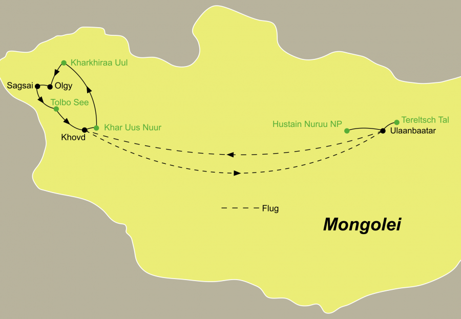 Die Reise Mongolei zum Adlerfest fürht von Ulaanbaatar nach Tereltsch über Olfy und den Hustain Nuuru Nationalpark