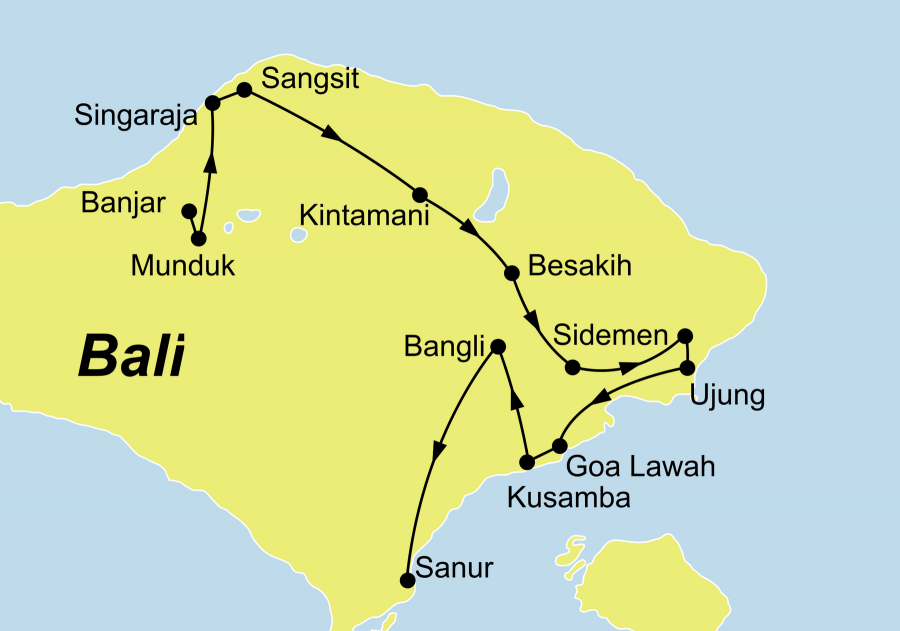 Der Reiseverlauf unserer Bali Aktiv erleben Reise führt von Banjar über Munduk, Singaraja, Sangsit, Kintamani, Besakih, Sidemen, Tirtagangga, Amplapura, Ujung, Pasir Putih, Hoa Lawah und Kusamba nach Bangli Sanur.