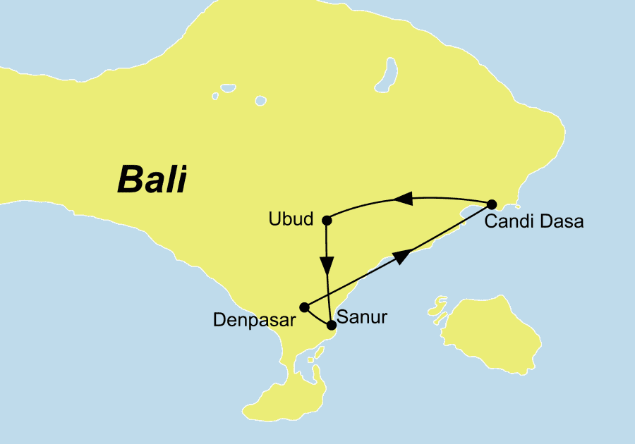 Die Zauberhaftes Bali Rundreise führt von Denpasar über Candidasa und Ubud nach Denpasar