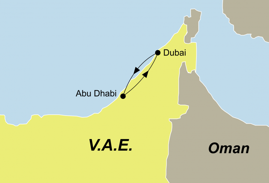 Reiseroute der VAE Rundreise führt Sie von Dubai nach Abu Dhabi