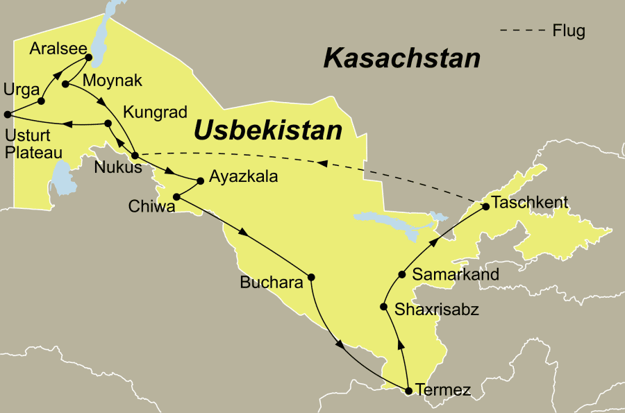 Die große Usbekistan Rundreise führt Sie von Taschkent nach Nukus zum Aral See über Chiwa und Samarkand zurück nach Taschkent