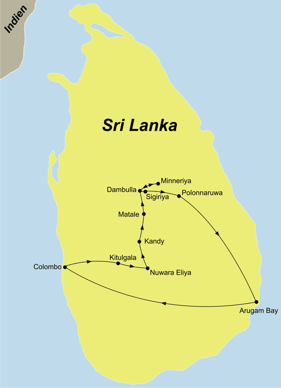 Die Sri Lanka Rundreise Sri Lanka Aktiv führt von Dambulla über Sigiriya und Colombo und Kandy zurück nach Dambulla.