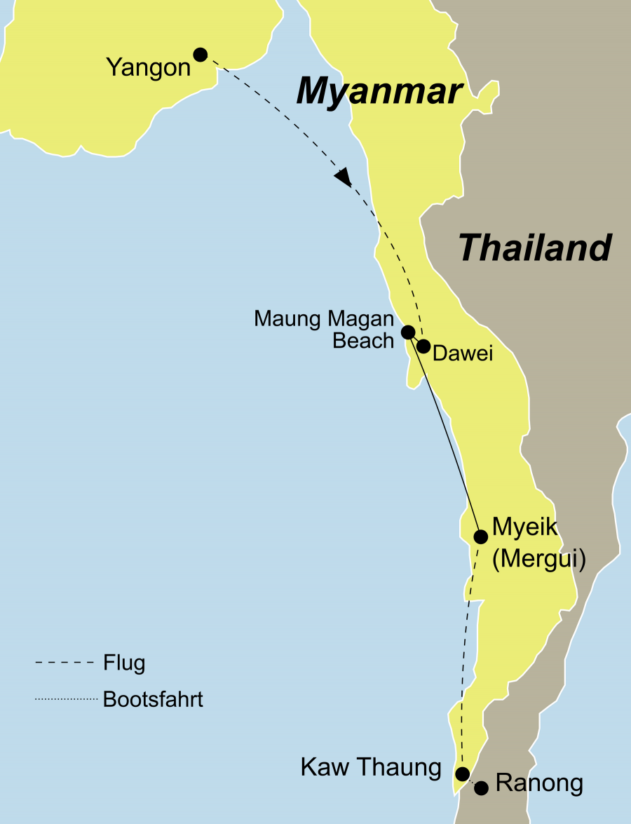 Die Zauberhaftes Südmyanmar Rundreise führt von Yangon über Dawei, Maung Magan Beach, Myeik, das Mergui (Myeik) Archipel und Kaw Thaung nach Ranong (Thailand).