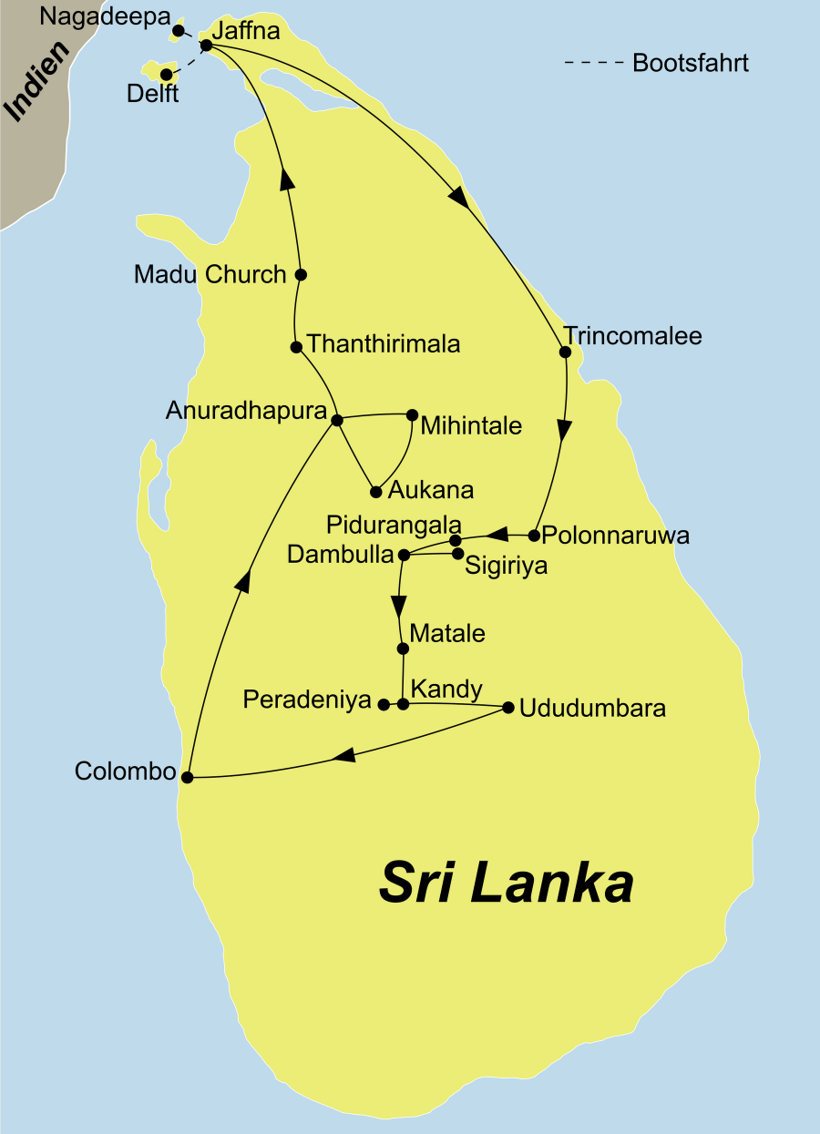 Die Sri Lanka Meditationsreise führt von Colombo über Anuradhapura, Jaffna, Nagadeepa, Trincomalee, Polonnaruwa, Dambulla, Sigiriya, Matale, Kandy und Ududumbara wieder zurück Colombo.
