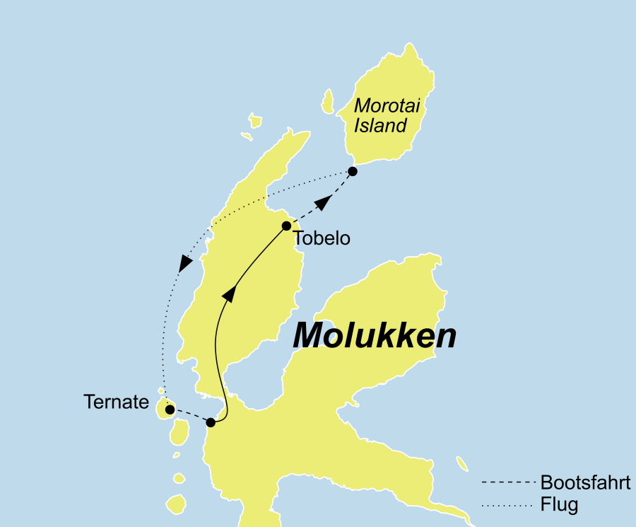Die Molukken Inseln Rundreise führt von Ternate über Tobelo und Morotai Island wieder zurück nach Ternate.