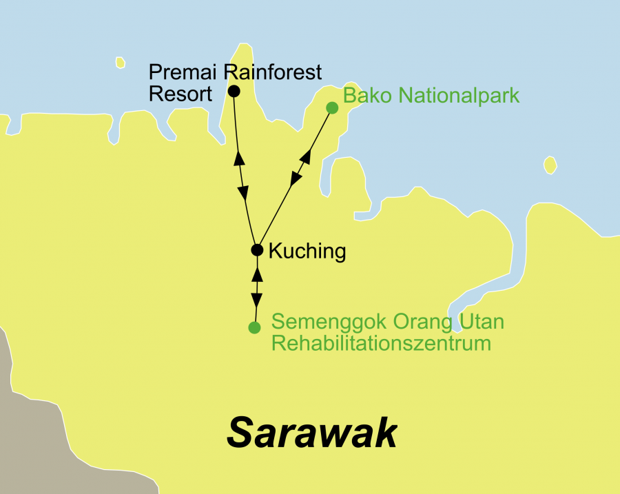 Die Borneo Rundreise führt von Kuching über das Semenggok Orang Utan Rehabilitationszentrum